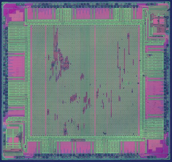 ZeptoBars photograph of an Altera Cyclone EP1C3 FPGA die, with a central logic array and surrounding input-output circuitry.