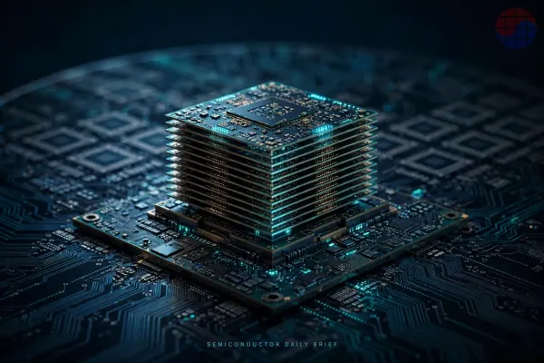 AI-generated conceptual cover: an HBM memory stack mounted on a logic base die — Semiconductor Daily Brief, October 9, 2026