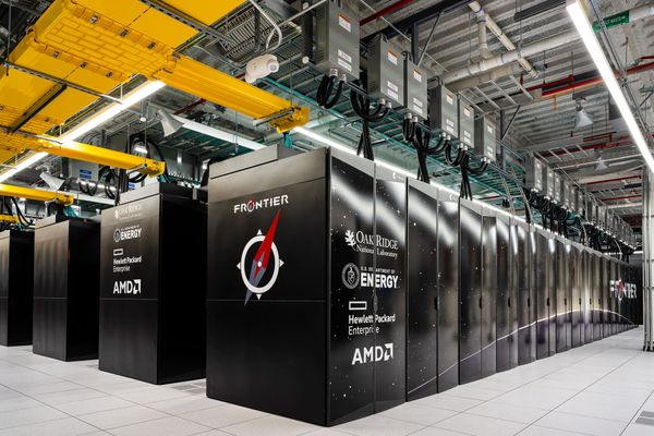 Rows of Frontier supercomputer cabinets at Oak Ridge National Laboratory, photographed on 2022-07-05