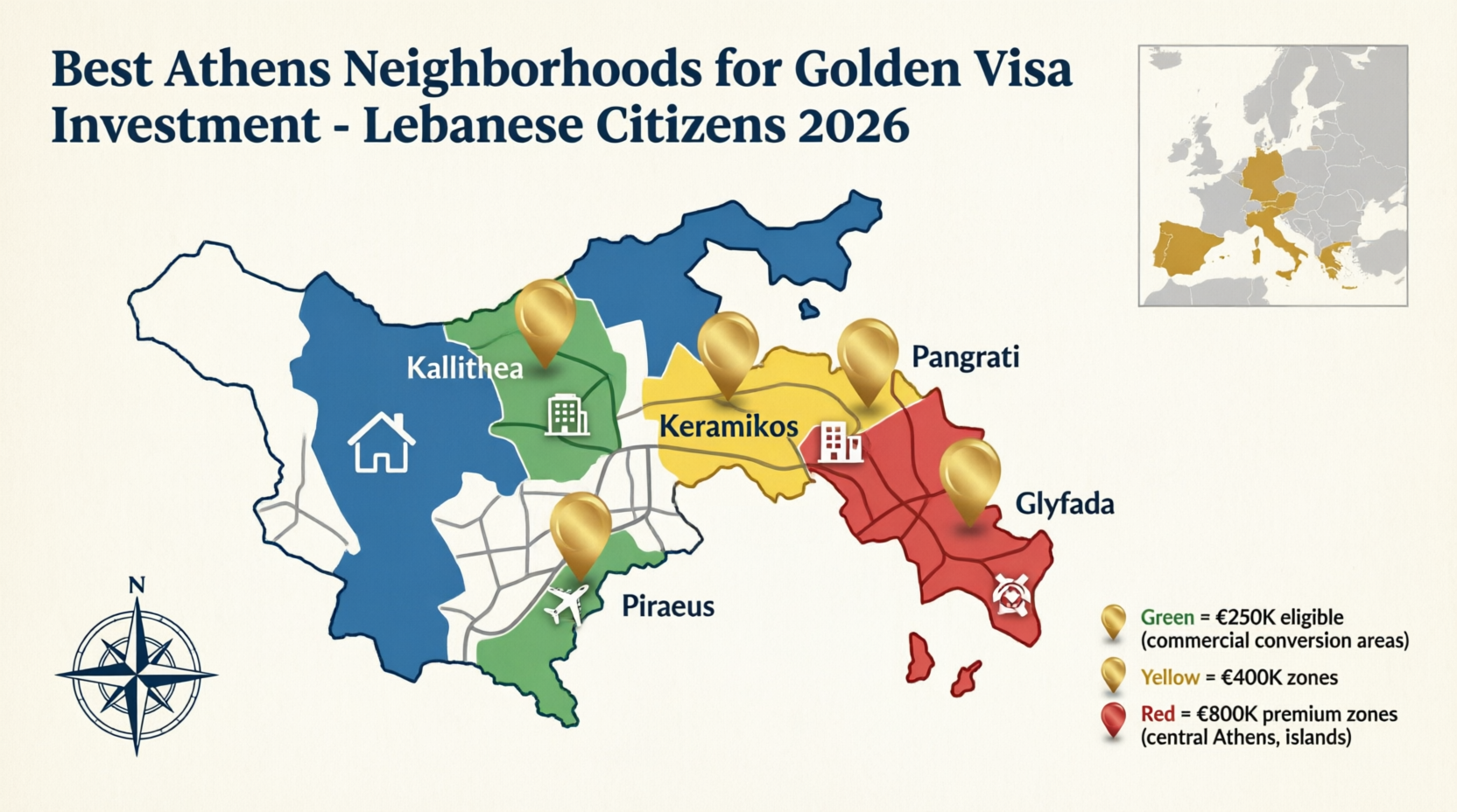 Athens neighborhoods map showing Golden Visa eligible zones for Lebanese investors: Kallithea, Keramikos, Piraeus, Exarchia, Pangrati, Glyfada with €250K, €400K, €800K investment thresholds