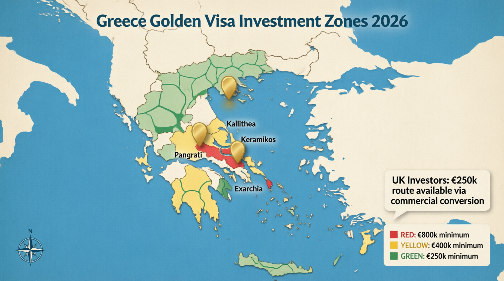Greece Golden Visa investment zones map 2026: €250k commercial conversion areas (green), €400k Greater Athens (yellow), €800k premium zones (red)
