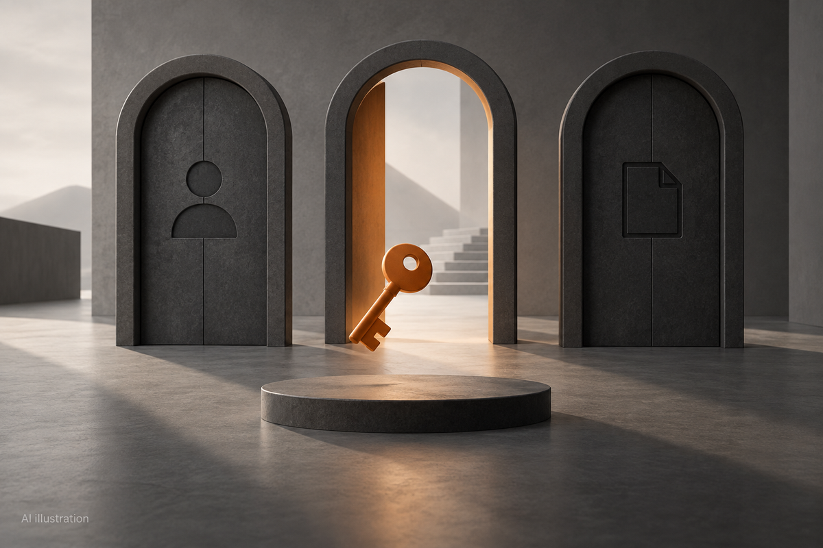 An orange key in front of one open and two closed graphite gates.