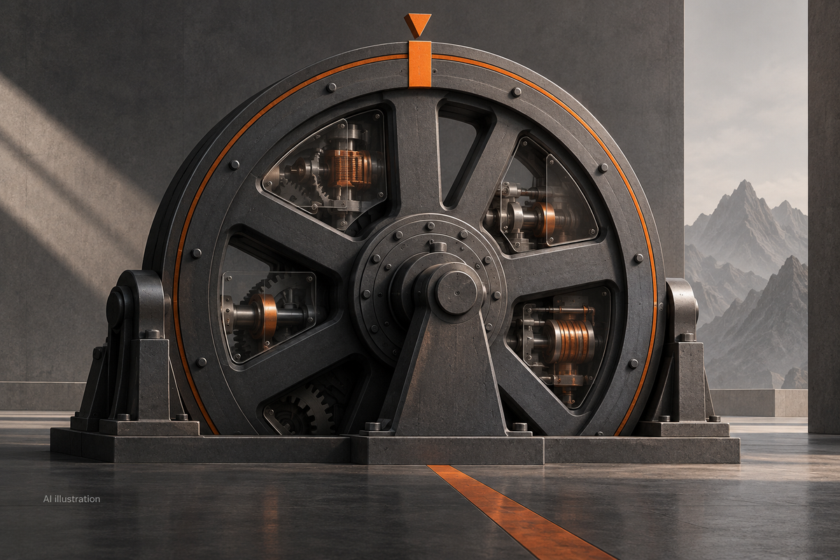 A graphite flywheel with inspection windows and an orange checkpoint, symbolising AI oversight.