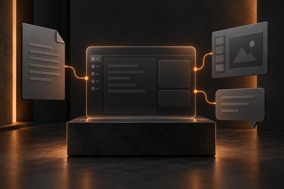 Conceptual graphite and orange AI illustration: Claude merges chat and Cowork, bringing documents into the conversation