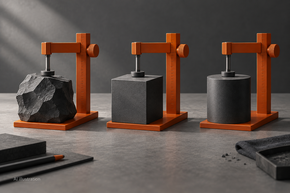 Three graphite forms measured with orange gauges, illustrating task-based AI evaluation.