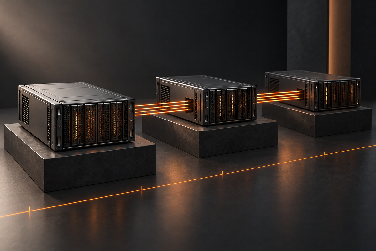 Conceptual graphite server modules connected by orange light paths. AI illustration.