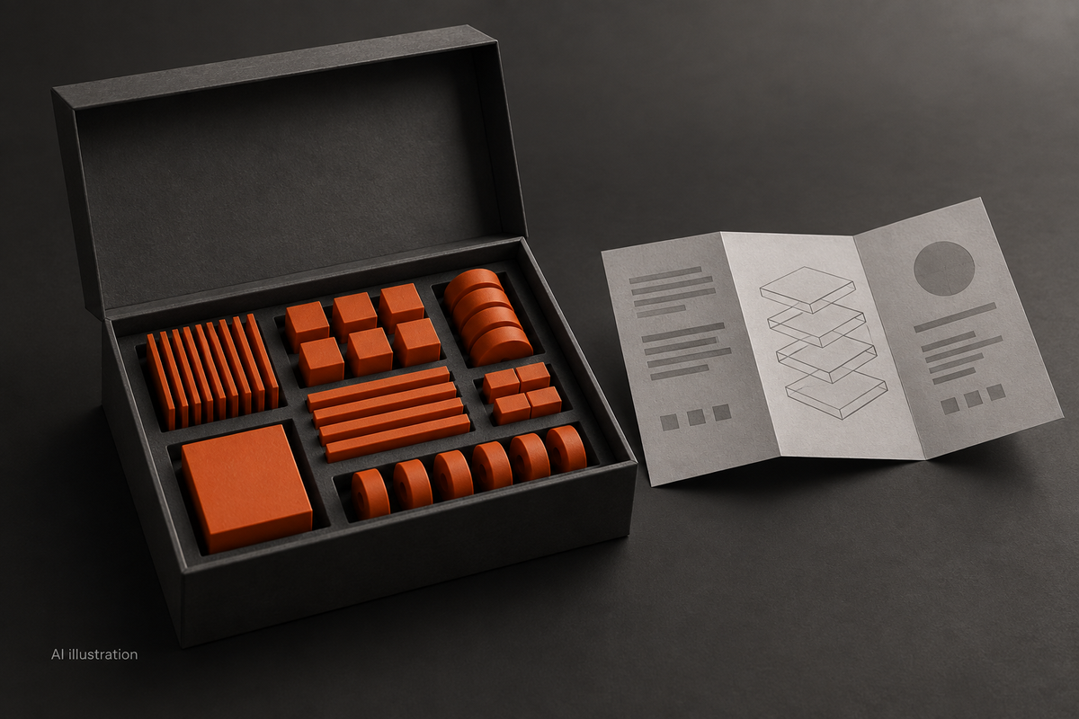 An open graphite box of orange components beside a documentation sheet.