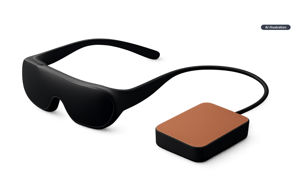 Conceptual AI illustration for Meta’s $1,299 VR glasses trade bulk for a tethered puck