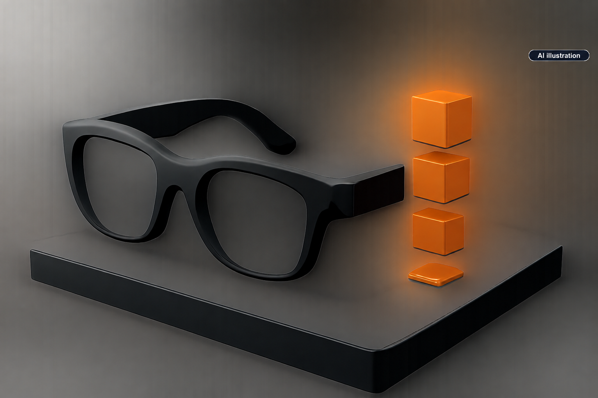 Conceptual AI illustration for PrismML shows a 1-bit model running on Snapdragon smart glasses