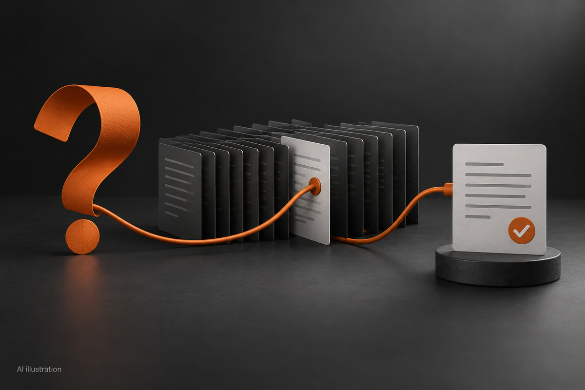An orange question connected through a grey document library to an answer card.