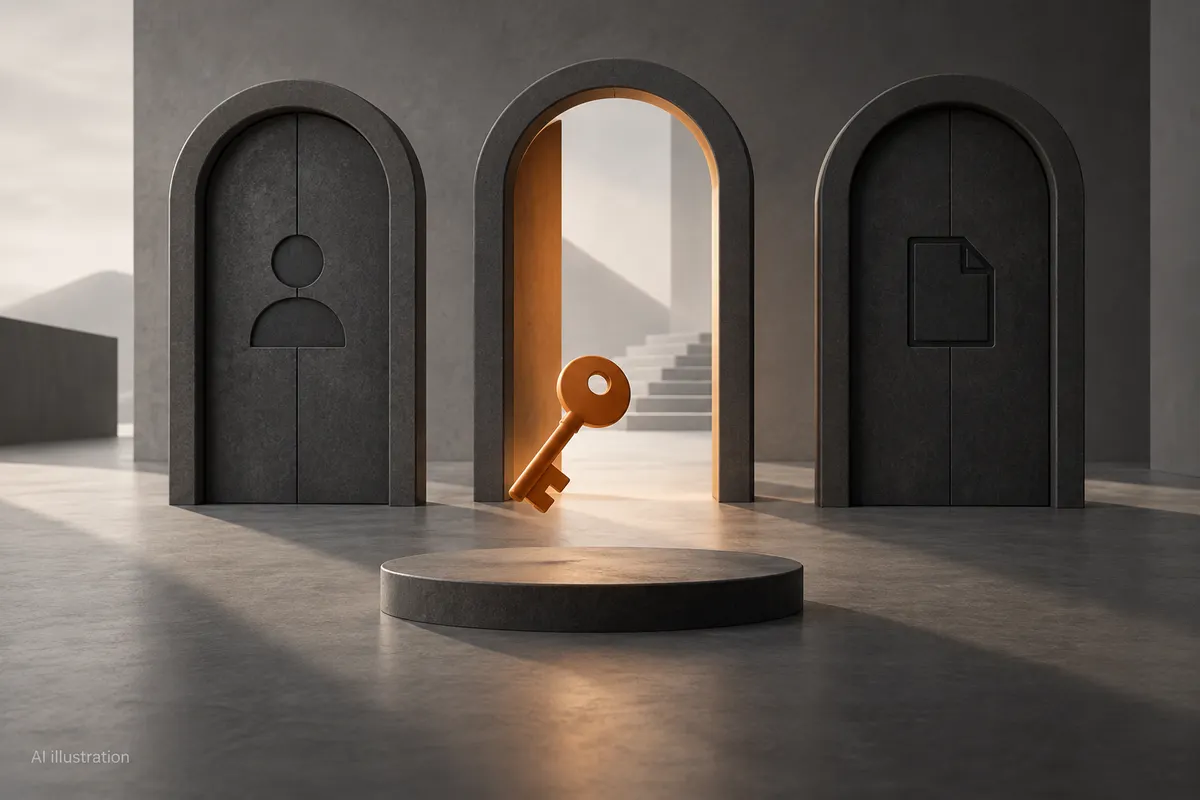 An orange key in front of one open and two closed graphite gates.