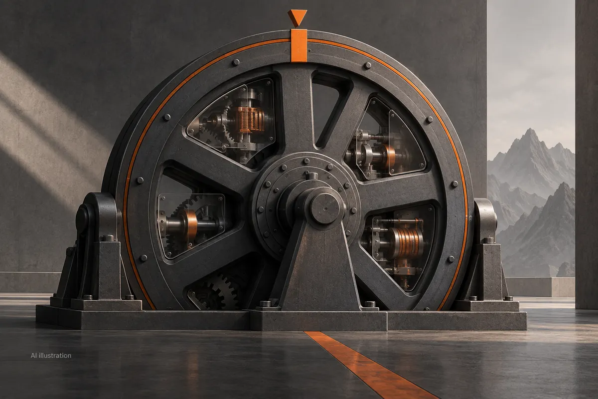 A graphite flywheel with inspection windows and an orange checkpoint, symbolising AI oversight.