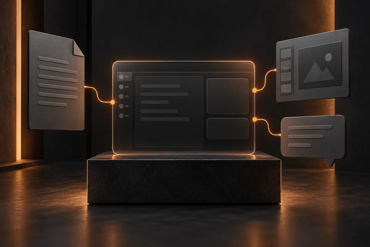 Conceptual graphite and orange AI illustration: Claude merges chat and Cowork, bringing documents into the conversation