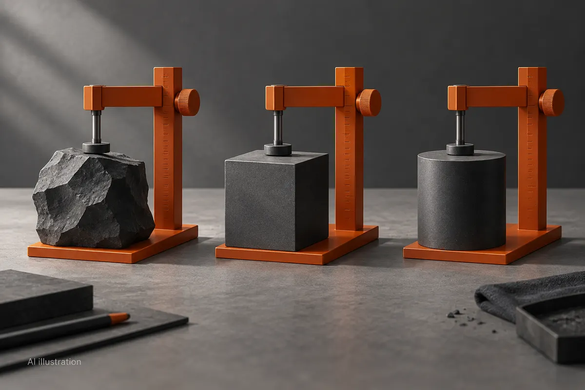 Three graphite forms measured with orange gauges, illustrating task-based AI evaluation.