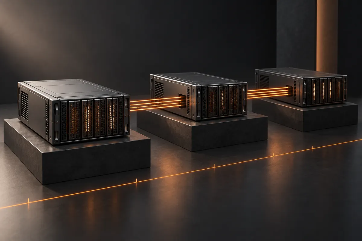 Conceptual graphite server modules connected by orange light paths. AI illustration.