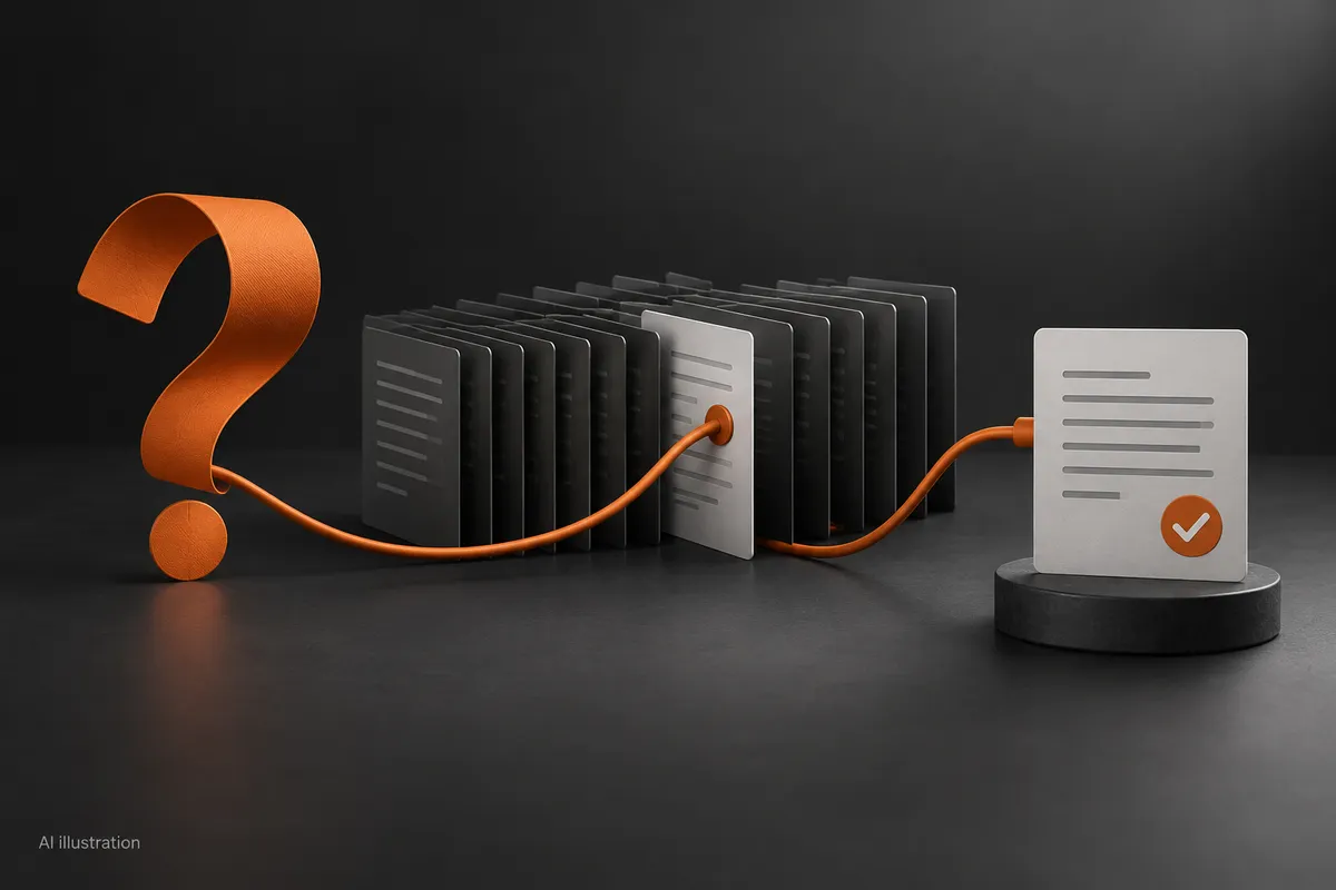 An orange question connected through a grey document library to an answer card.
