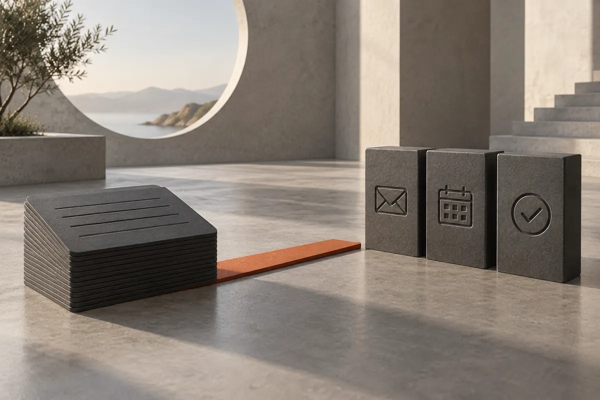 Graphite meeting-note cards linked by an orange path to mail, calendar and task symbols.