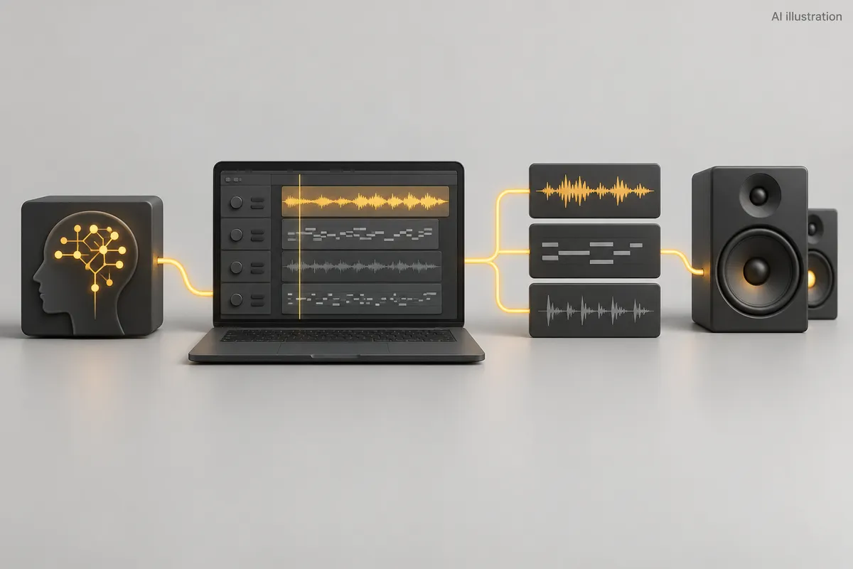 Conceptual AI illustration for Stability AI pivots toward licensed music tools as Sean Parker backs the reset