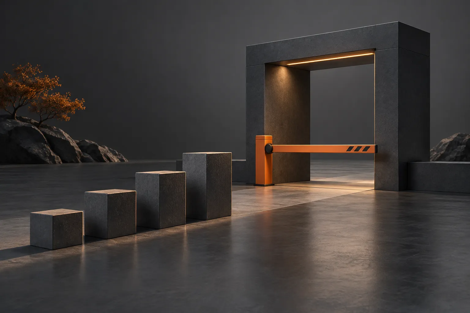A graphite gateway and ascending blocks behind an orange checkpoint barrier.