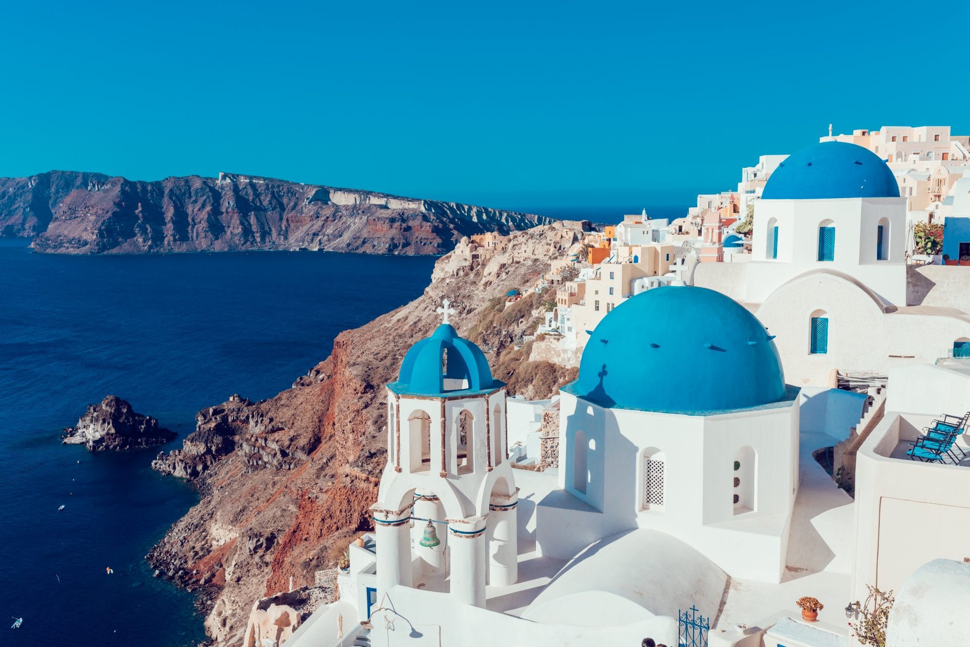 Caldera coastline in Fira, a central Santorini location with luxury hotels and panoramic sea views