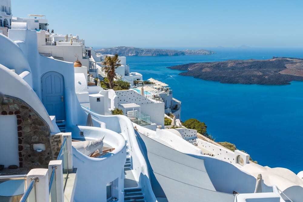 Caldera view in Imerovigli, one of the best areas to stay in Santorini for quiet luxury hotels and sunset views