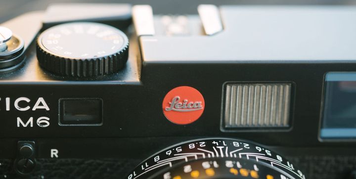Up close photo of a Leica film camera