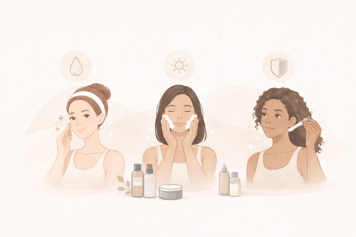 Editorial illustration representing different skin types and skincare routines, showing who RIMAN skincare may be suitable for.
