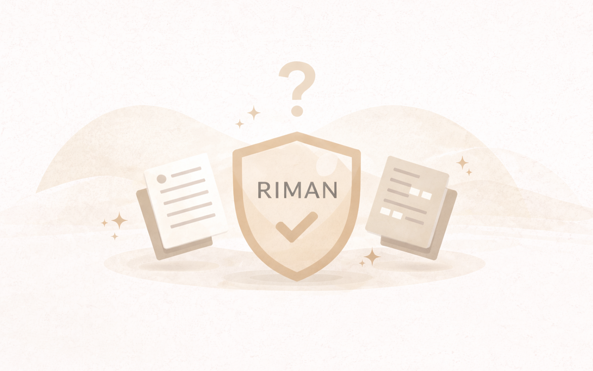 Minimal editorial illustration representing questions around brand legitimacy, with abstract documents and a shield symbol used to explain whether RIMAN is an official brand.