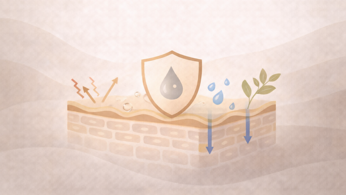 Editorial-style illustration showing a simplified skin barrier structure with protective and hydration elements, representing how the skin barrier works and why gentle routines matter.
