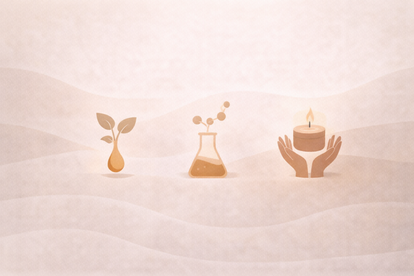 Editorial-style illustration with abstract symbols representing ingredients, technology, and ritual philosophy in a skincare system.