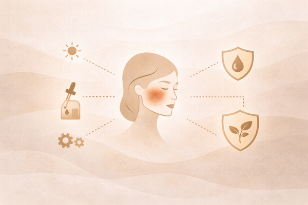 Editorial-style illustration showing abstract facial skin with soft redness tones and calming symbols, representing causes and solutions for skincare-related redness.