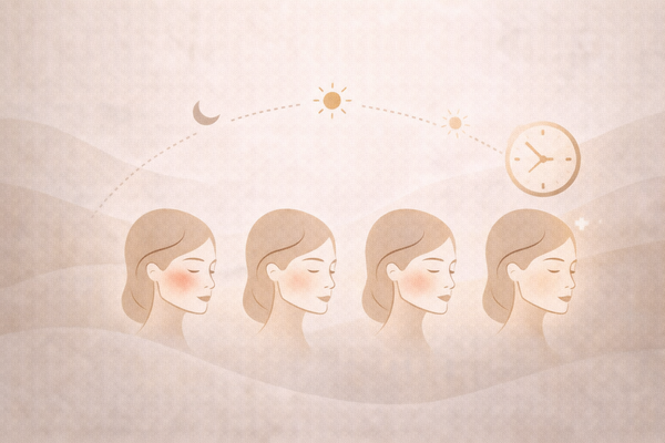 Editorial-style illustration showing a gradual timeline of facial skin changes over time, representing how skincare results develop with consistent use.