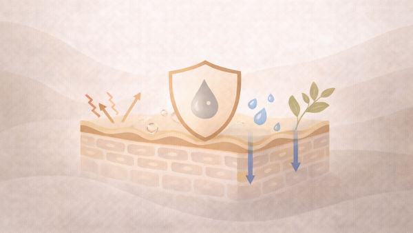 Editorial-style illustration showing a simplified skin barrier structure with protective and hydration elements, representing how the skin barrier works and why gentle routines matter.