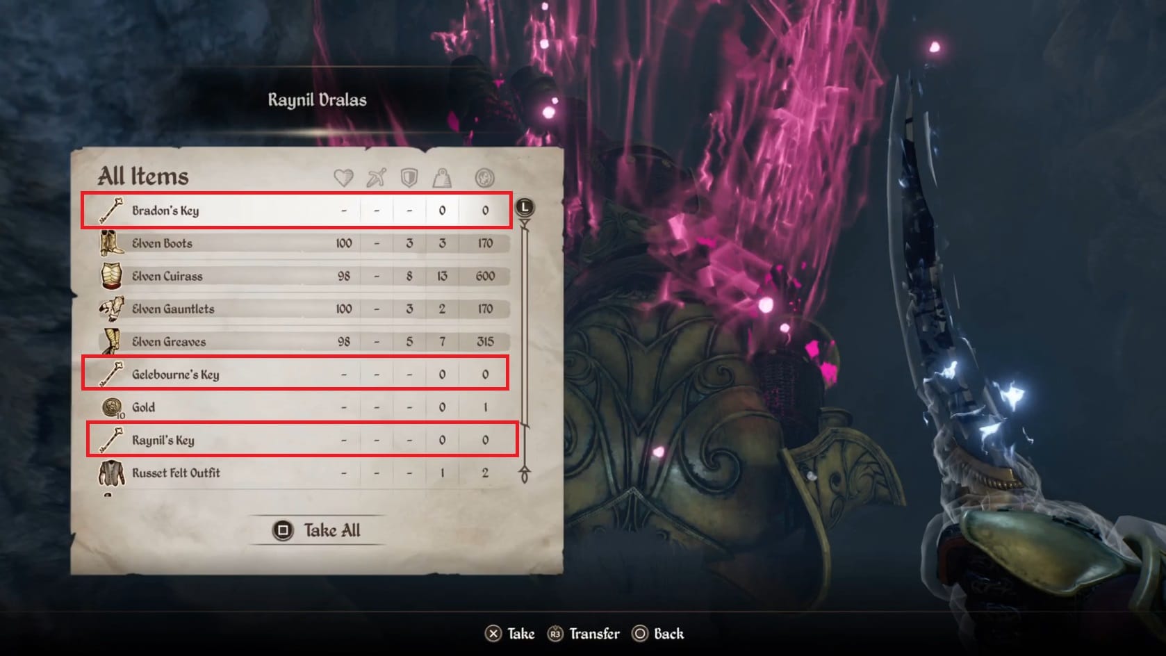 An inventory screen 3 named keys highlighted: Bradon's Key, Geleburne's Key and Raylin's Key