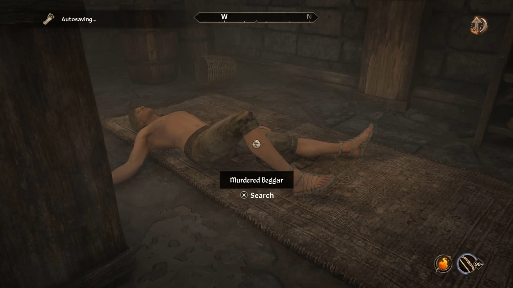 The sprawled body of the murderer beggar in the Lirrian's basement.
