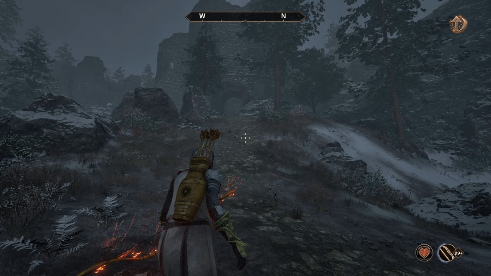 The hero stands with the Fort of Pale Pass in front of them.