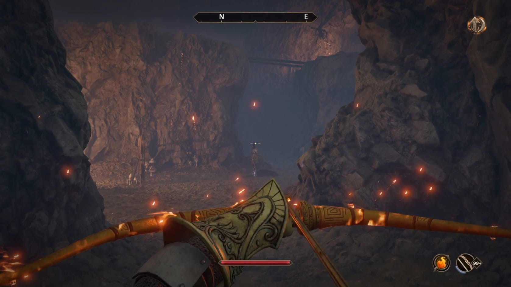 The Hero prepares to shoot an arrow at a distant bandit