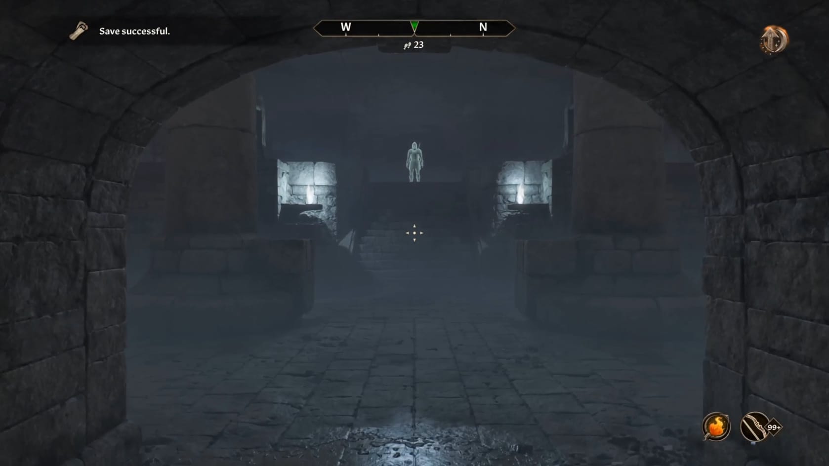 Akaviri Commander Mishaxhi stands at the top of a staircase framed by an arch.
