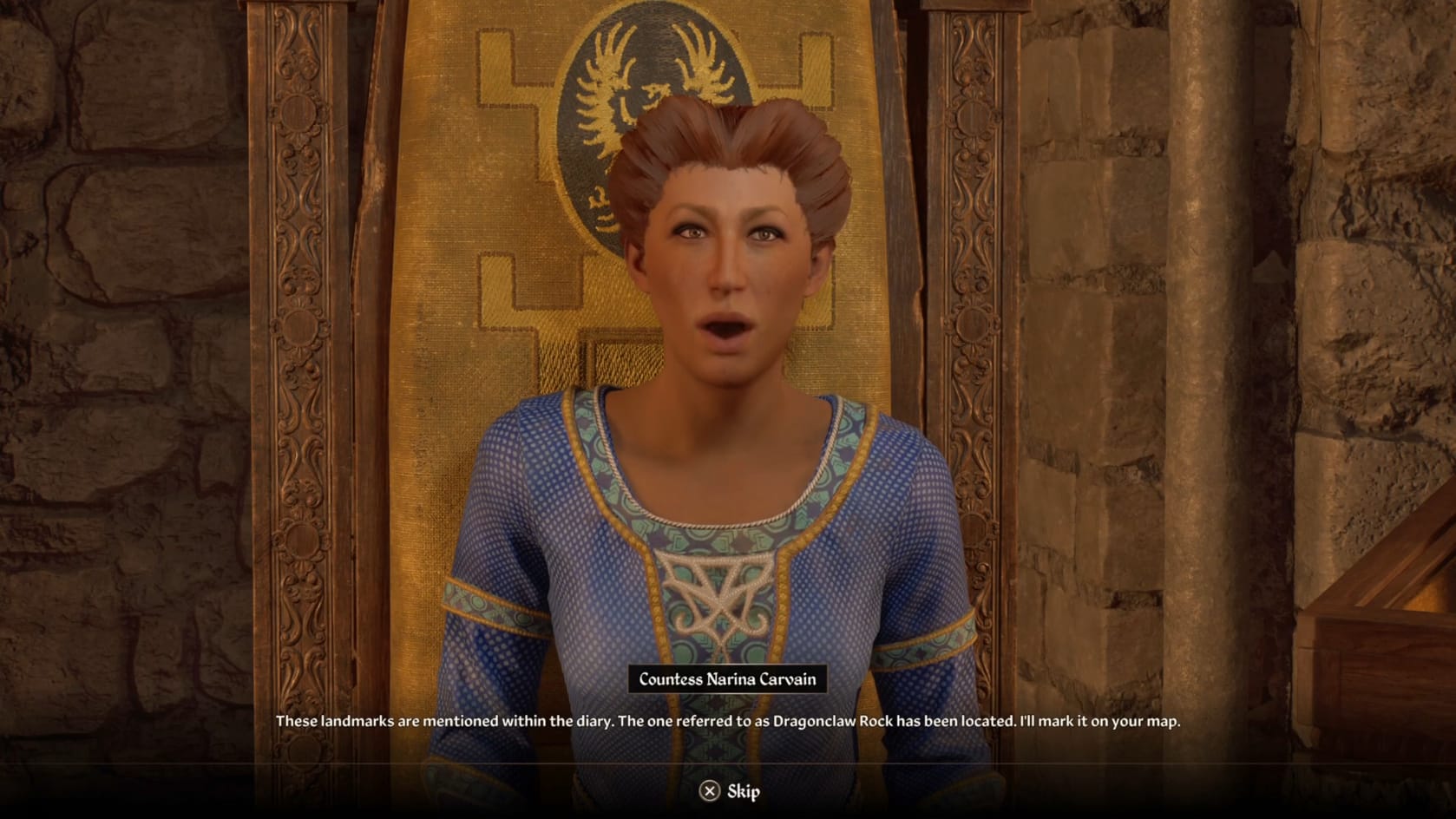The Countess explaining where to find the first landmark, dragonclaw rock.