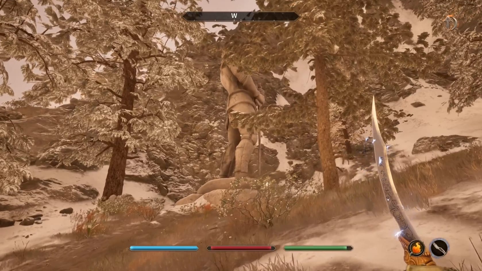 The Hero approaching the Sentinel statue hidden by a pair of trees.