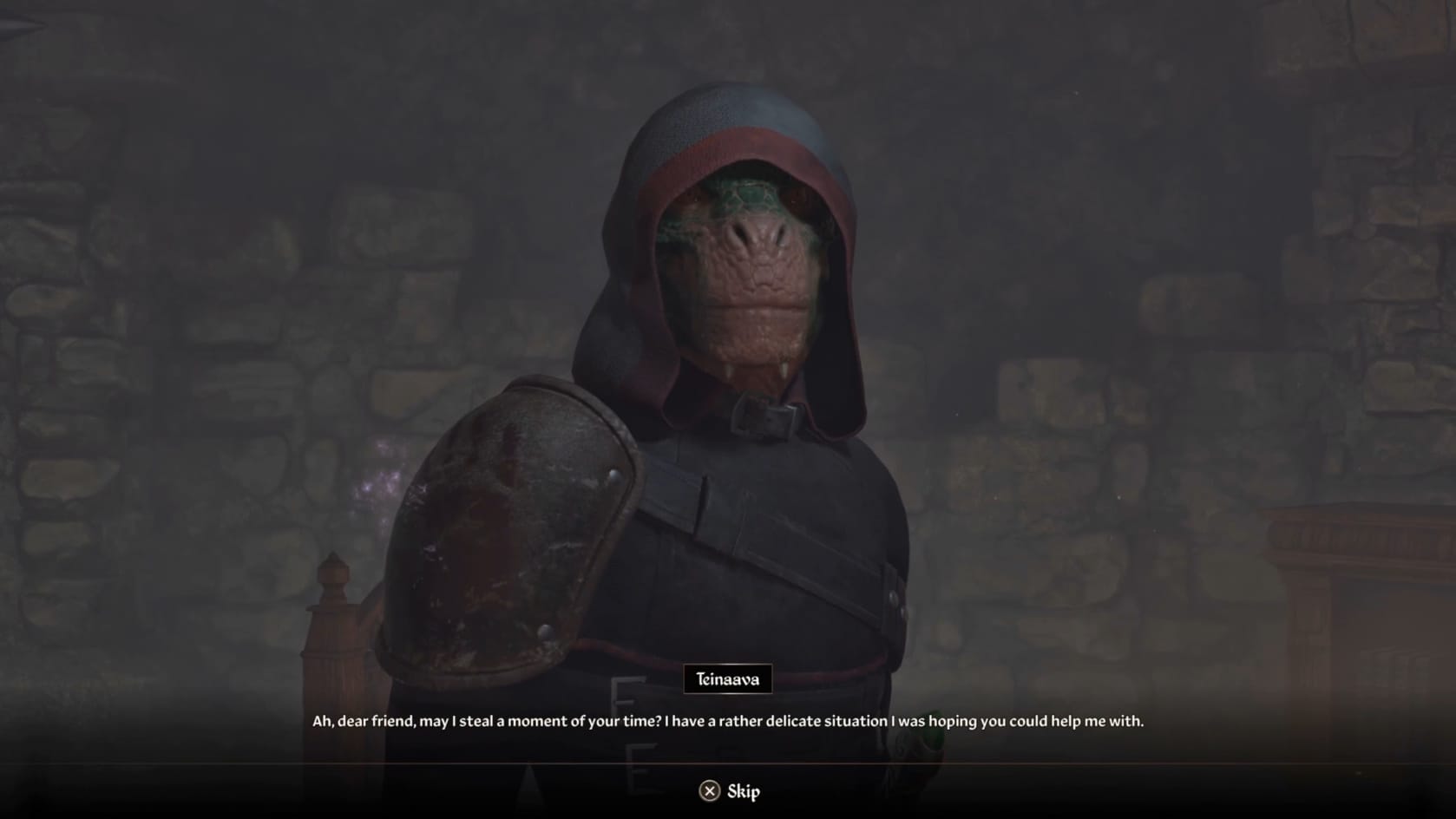 Talking with the hooded Argonian Teinaava