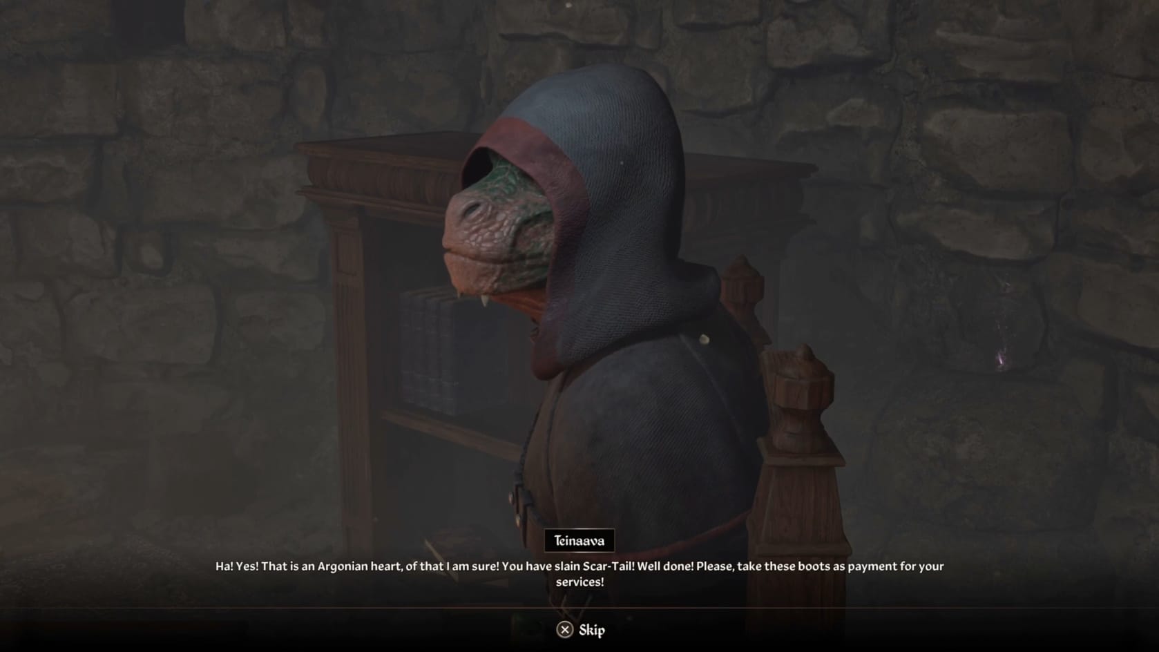 Teinaava congratulates the Hero on their return with an Argonian Heart.