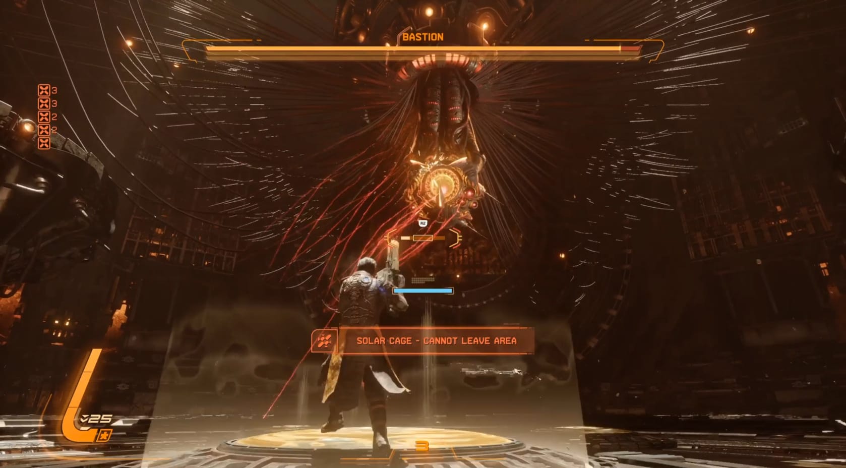 Arjun begins fighting Bastion within the Ancient Depths