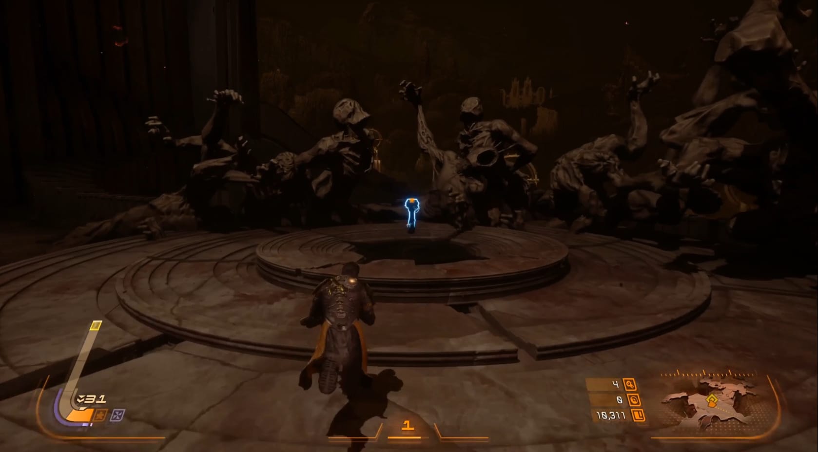 Arjun collecting the damaged Mechanical Key surrounded by a haunting statue