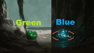 Green Bulb on the left, Blue Bulb on the right
