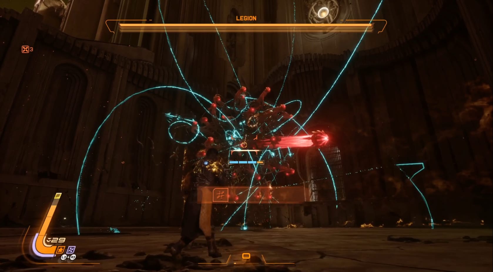 Arjun firing a Crossbow at Legion, the glowing red Vessel on the right