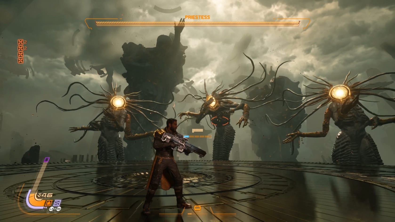 Arjun stands in the middle of an arena with the Priestess and duplicates array at the front.