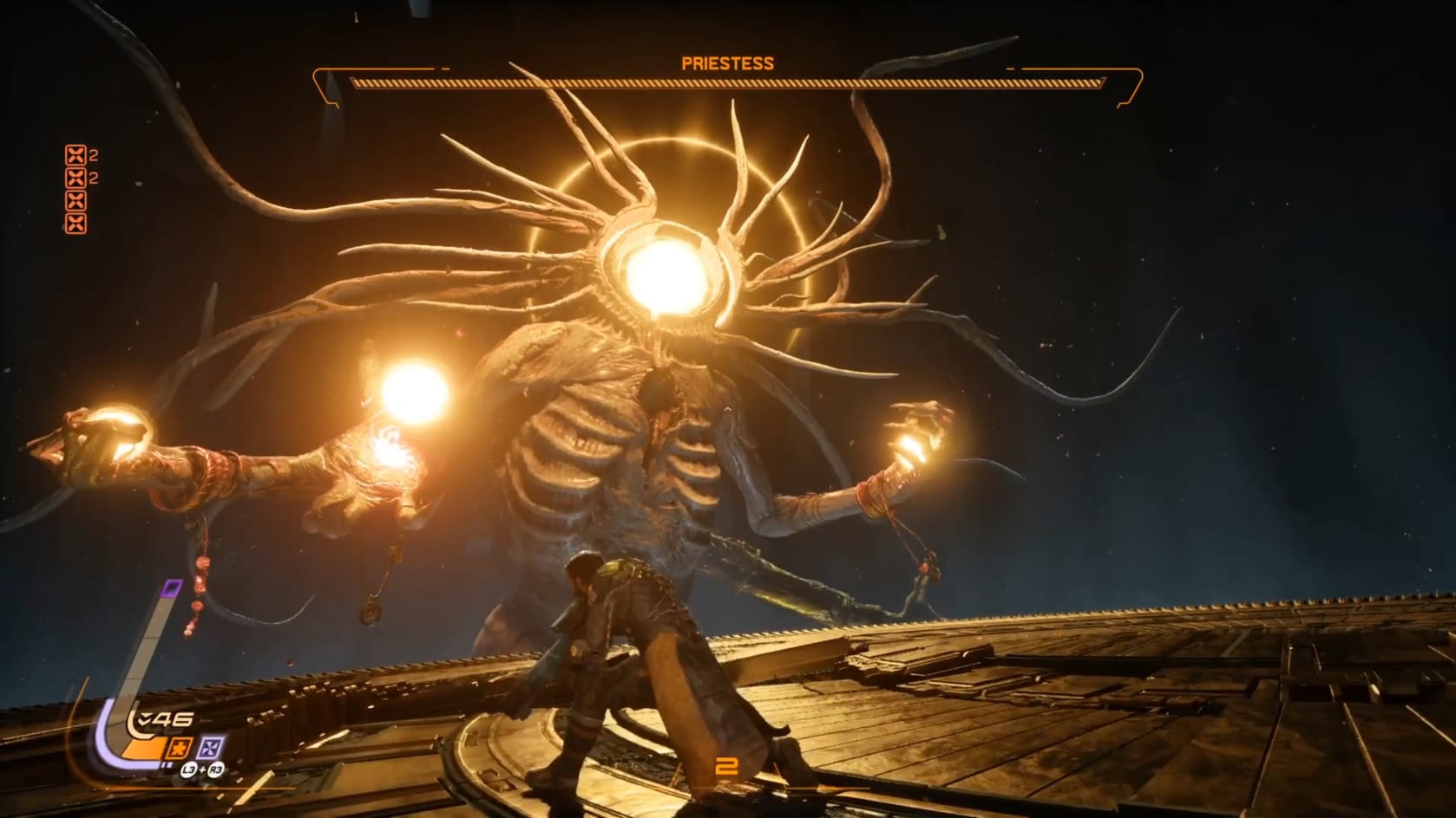 Glowing from her "head", and her 3 visible hands, the Priest hovers level with the arena that Arjun is in.