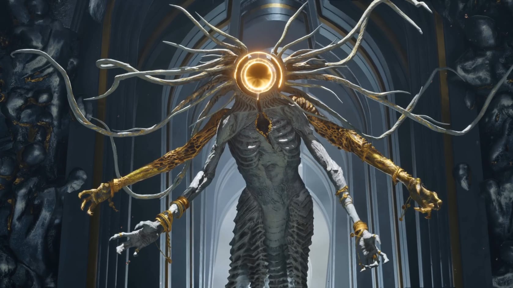 The boss Priestess hovers in front of an archway.