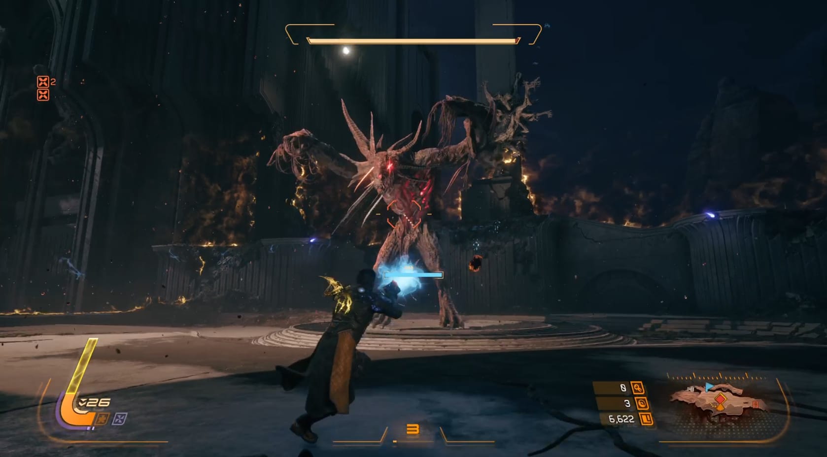 Arjun begins fighting Rhabdom, its arms raised.